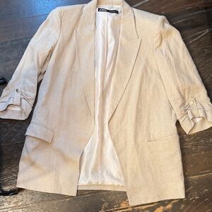 Zara Women's Beige Blazer with Rolled Sleeves